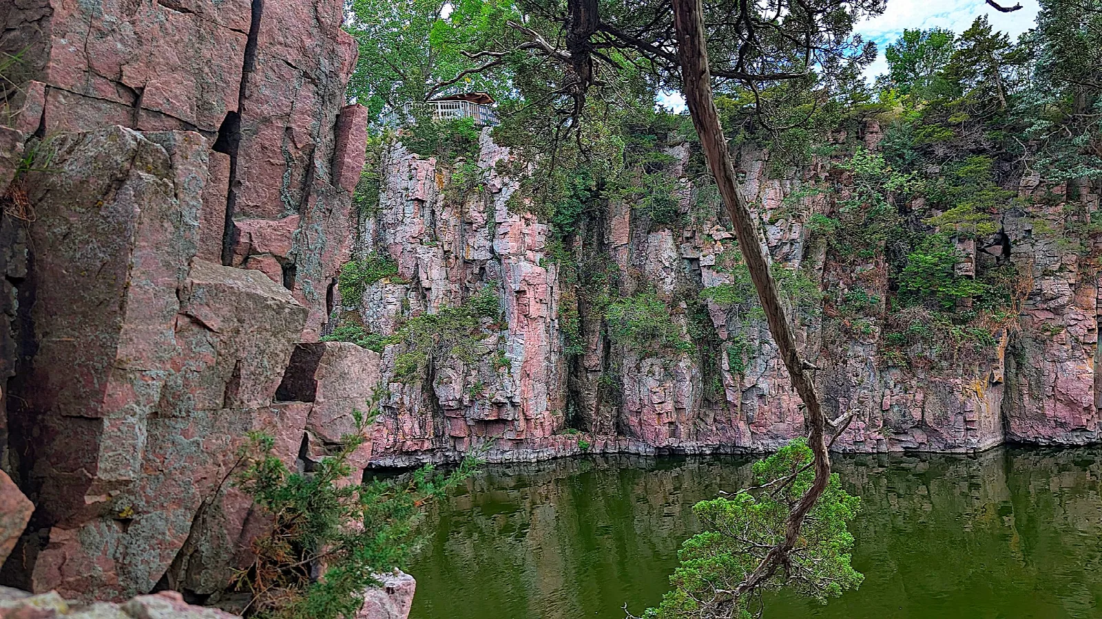 Quartzite cliff walls above green water with a leaning tree