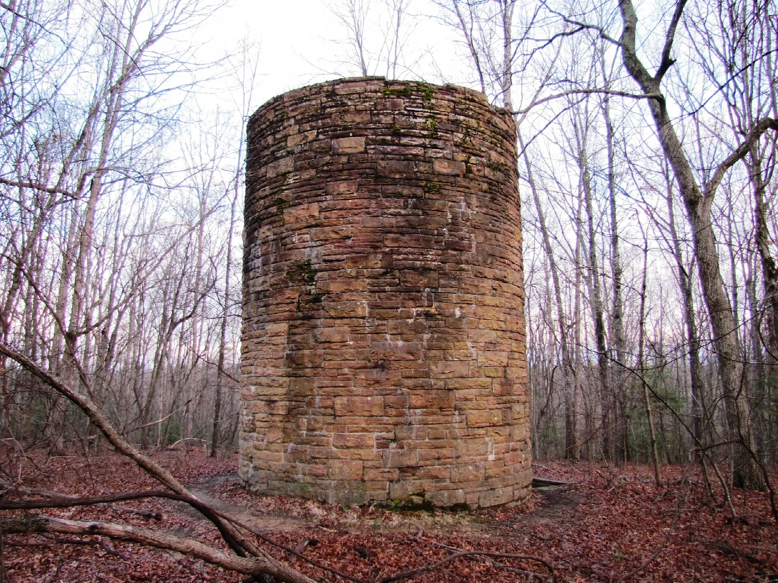 Round stone water tower standing in bare woods