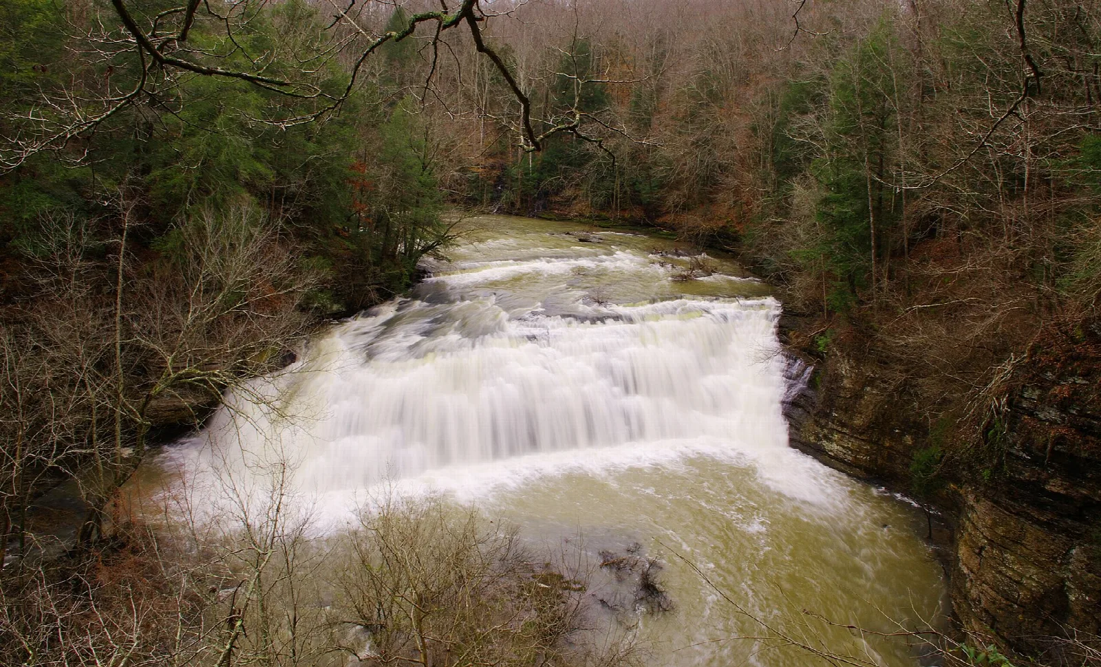 Broad cascade in a gorge seen from above through bare trees