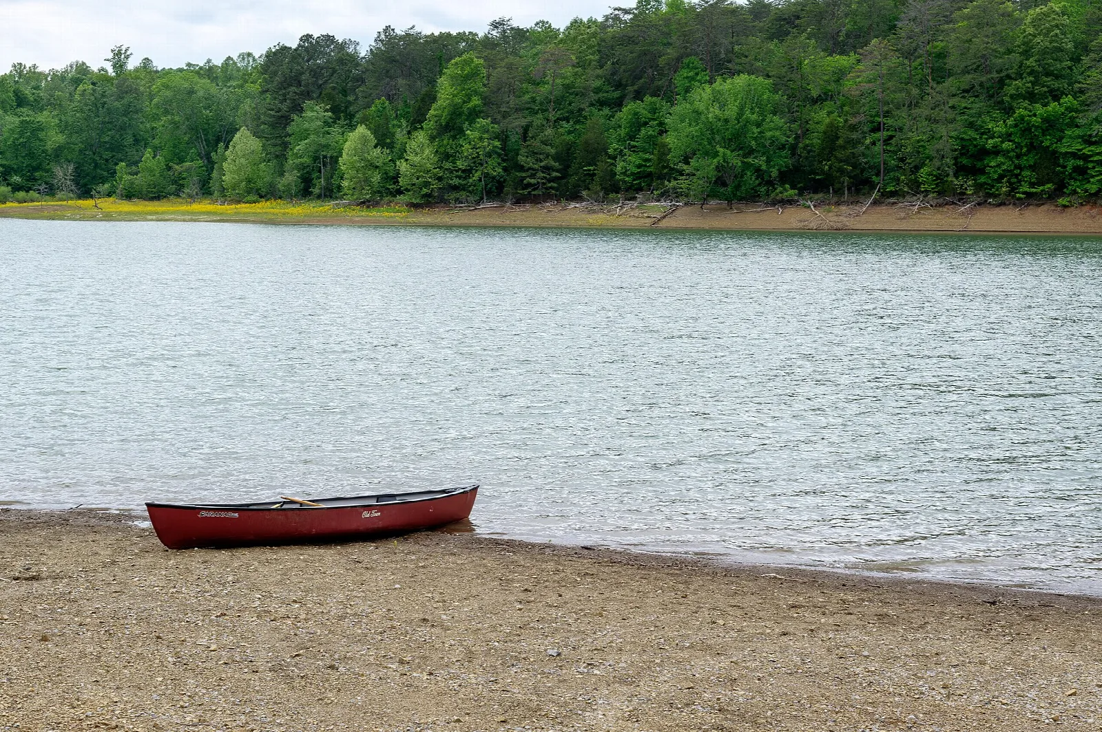 Red canoe resting on a sandy lakeshore