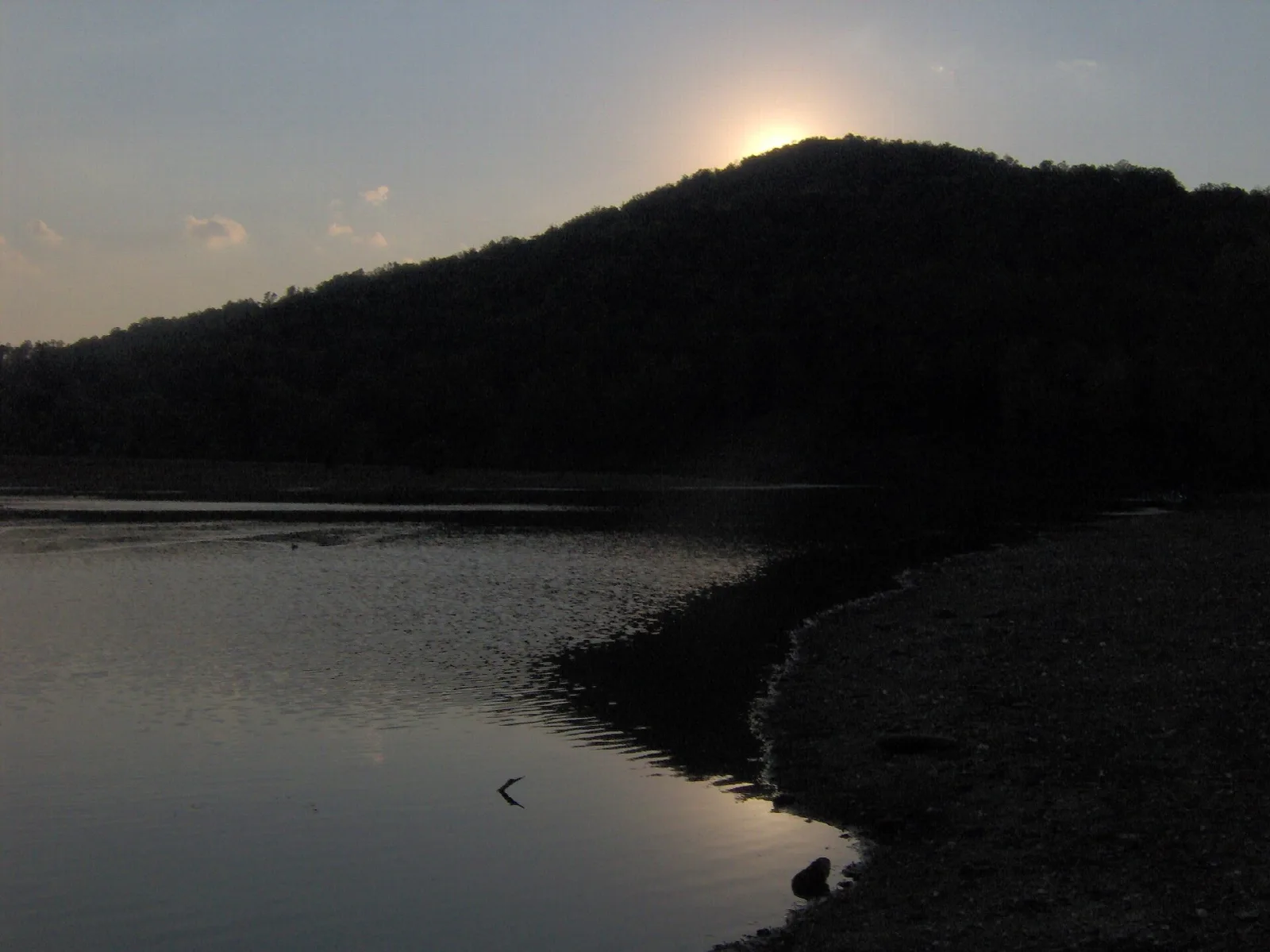 Forested mountain rising above a calm lake at dusk