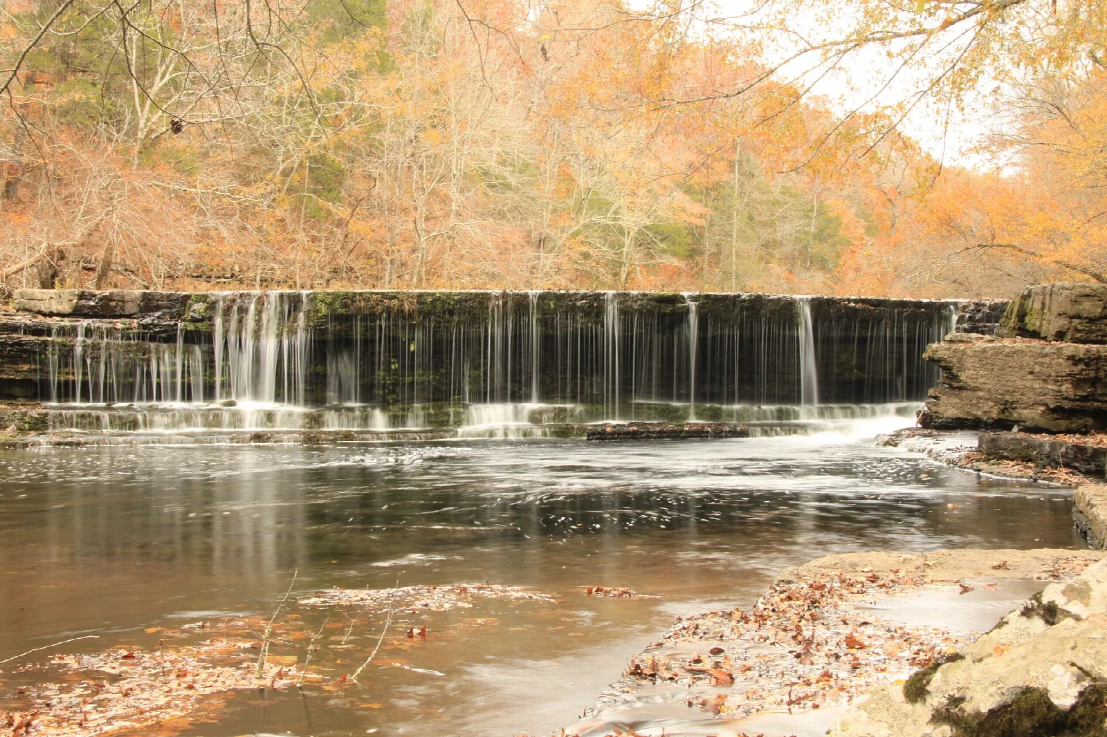 Wide low waterfall over a ledge with autumn trees behind