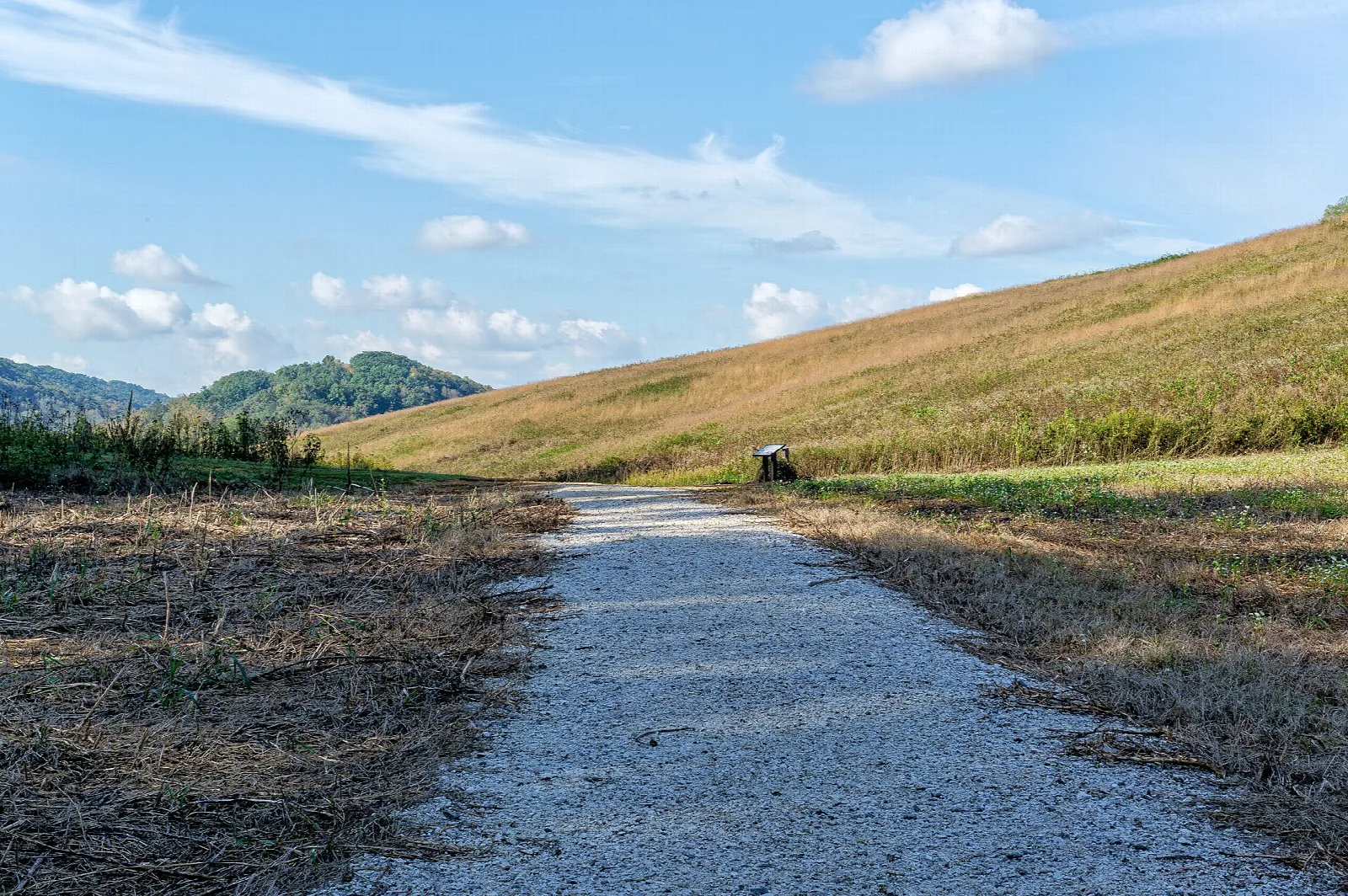 Gravel trail running beside a grassy hillside
