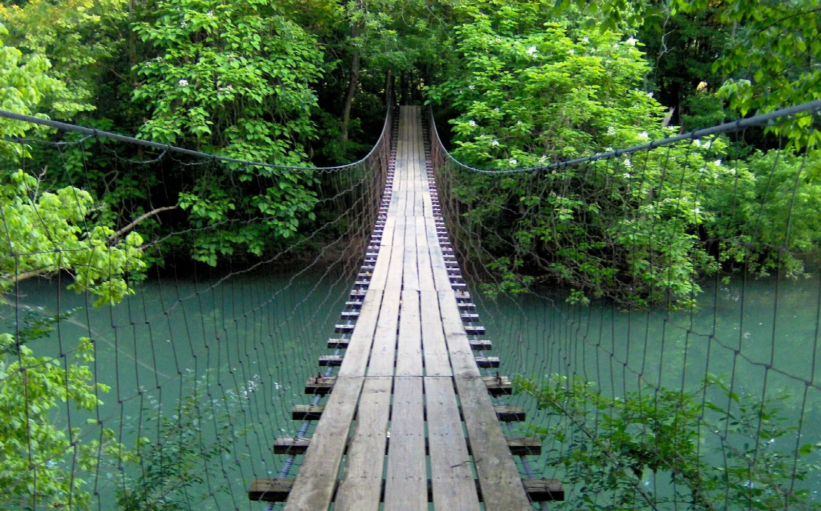 Wooden swing bridge crossing a green river
