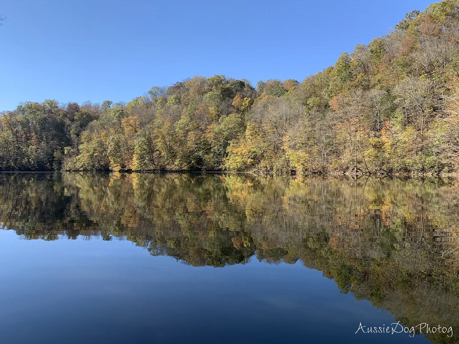 Still lake reflecting a wooded hillside in fall color