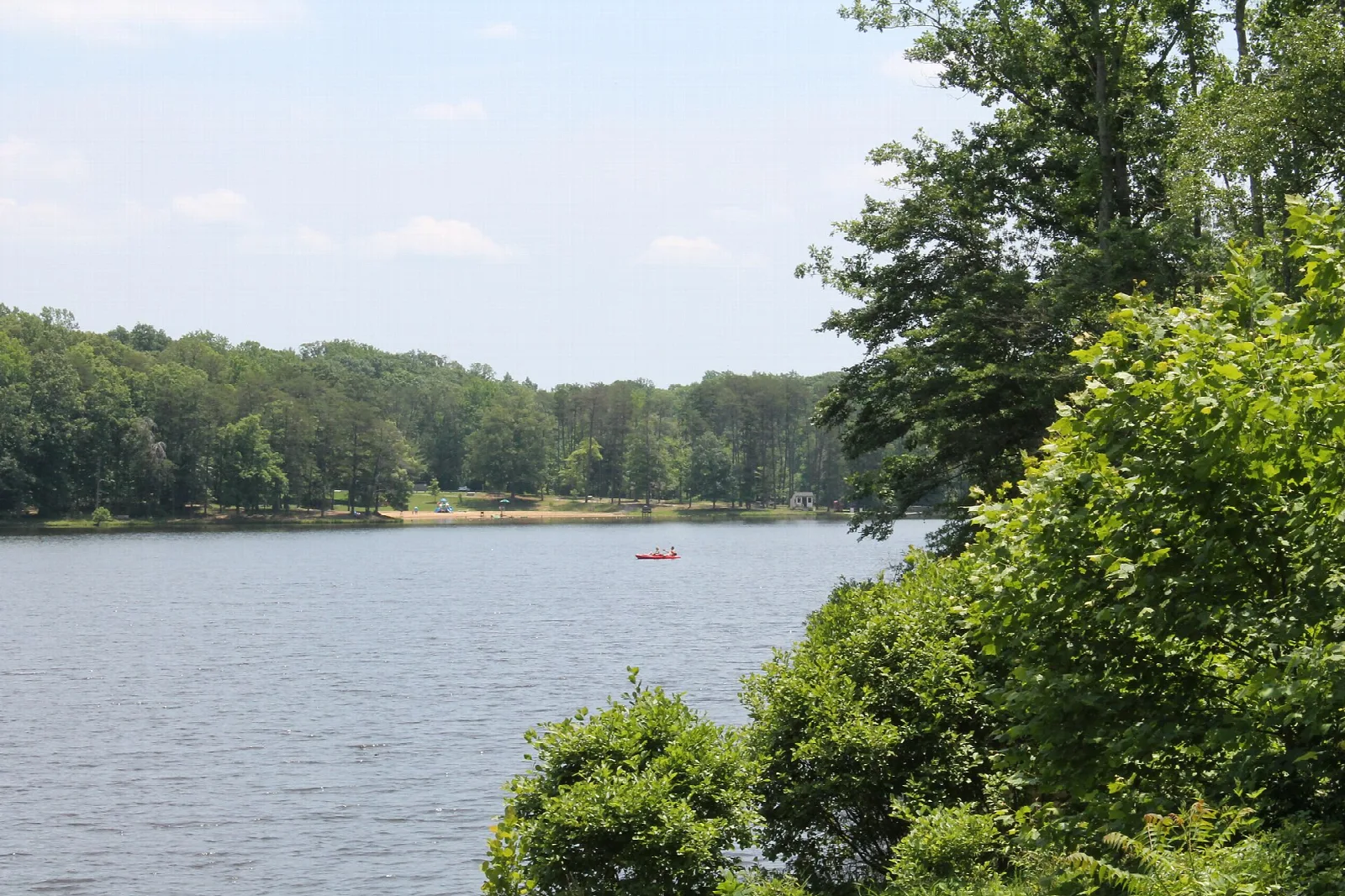 Calm lake with wooded shoreline and a small red boat in the distance