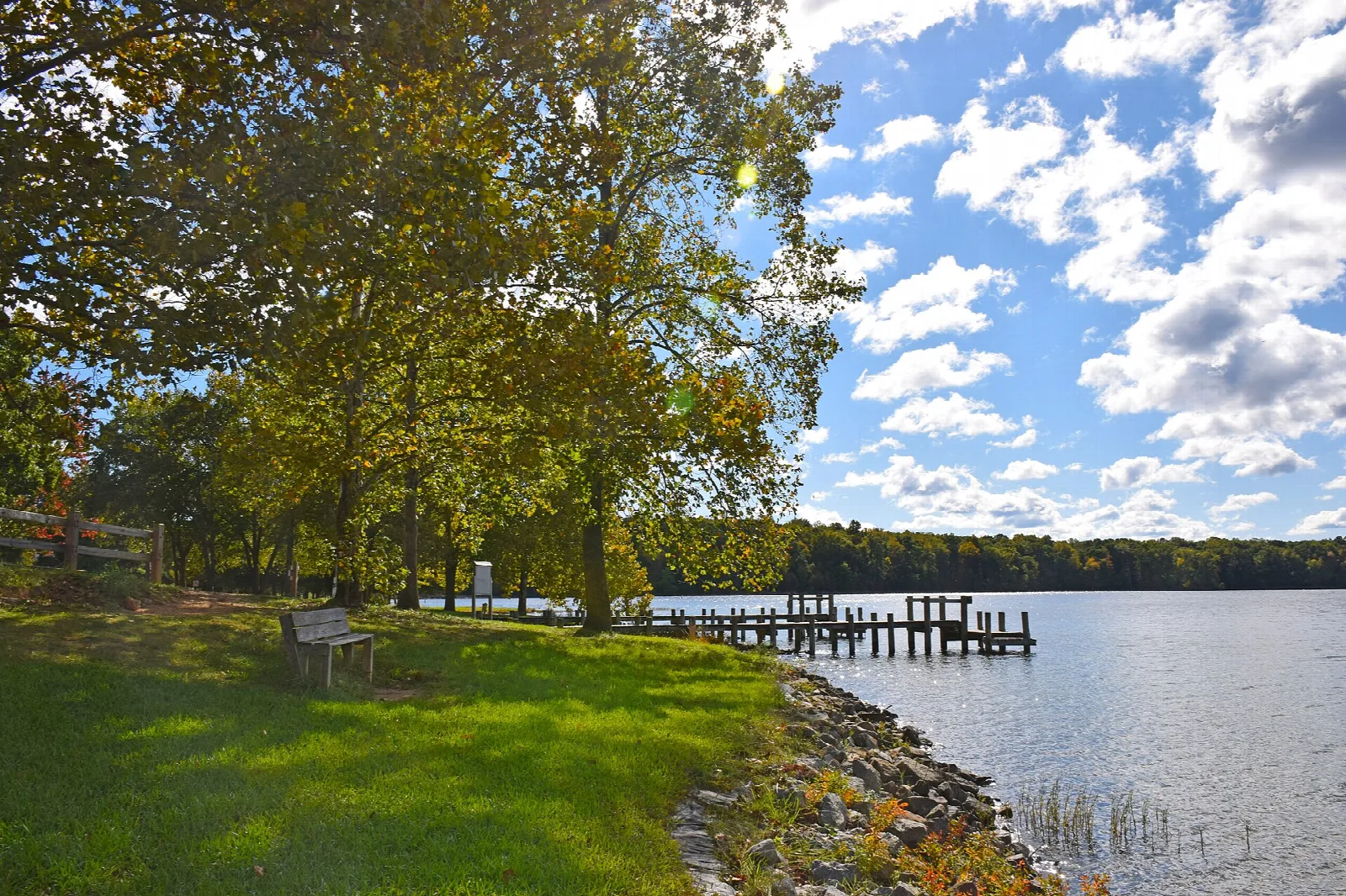 Lawn and shoreline with a boat dock on the lake under blue sky
