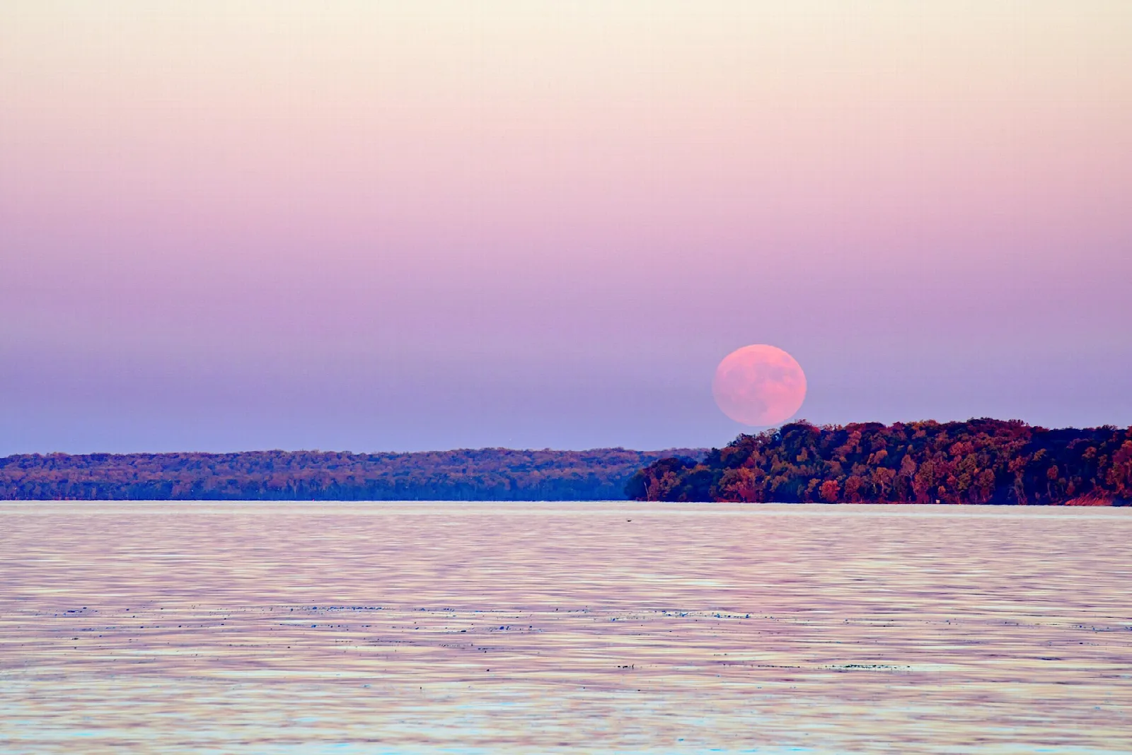 Full moon rising over the river and a far tree line