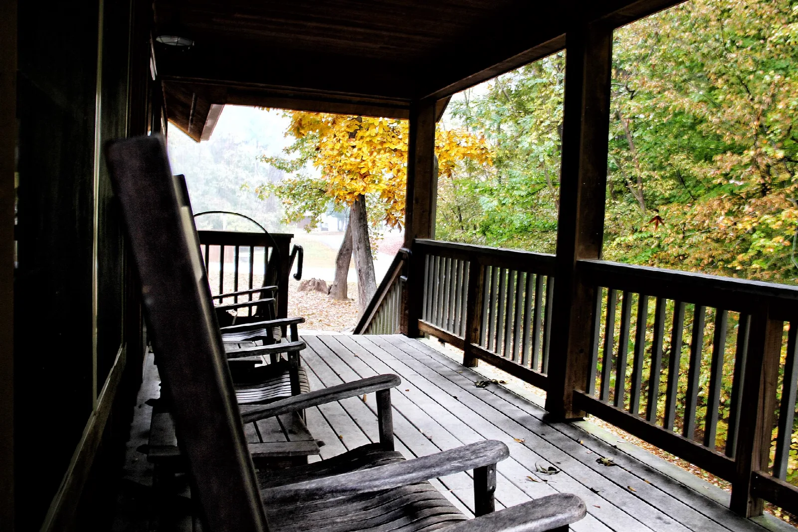 Wooden cabin porch with rocking chairs and fall trees beyond