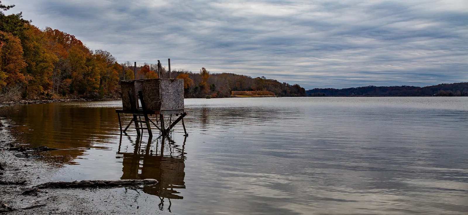 Wide calm water with a small stand on stilts and fall trees beyond