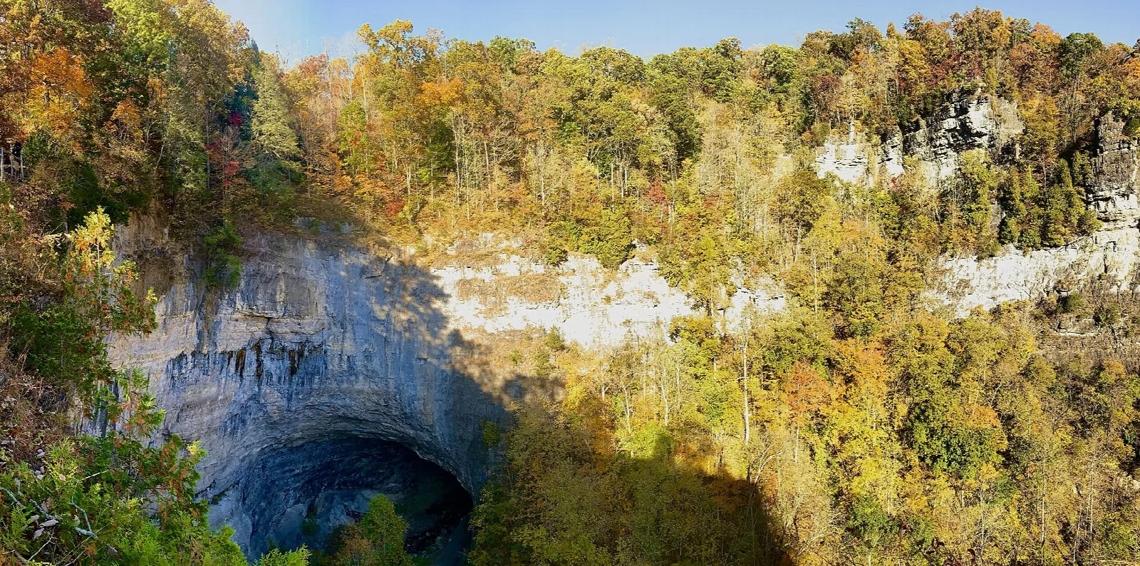 Autumn trees above a deep limestone chasm opening into a tunnel