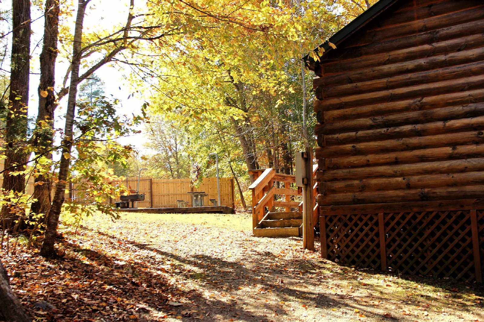 Log cabin wall and wooden steps beside a leaf-covered path in fall woods