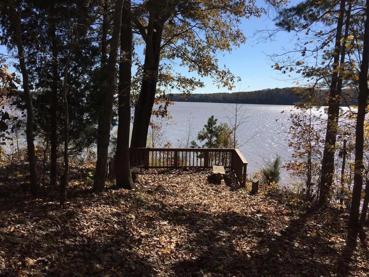 Wooded lakeshore with a deck overlooking wide water