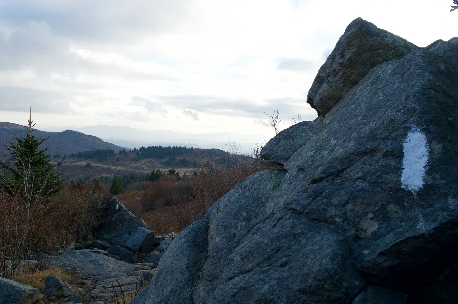 Large boulder with a white trail blaze and mountains behind