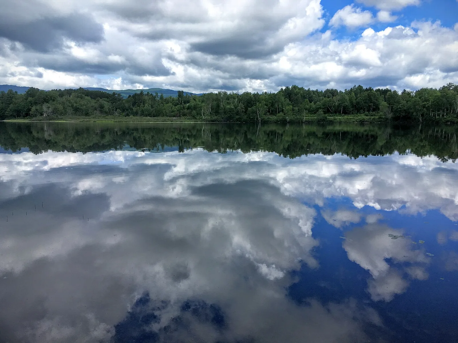 Calm pond with a tree-lined shore reflected in the water under big clouds