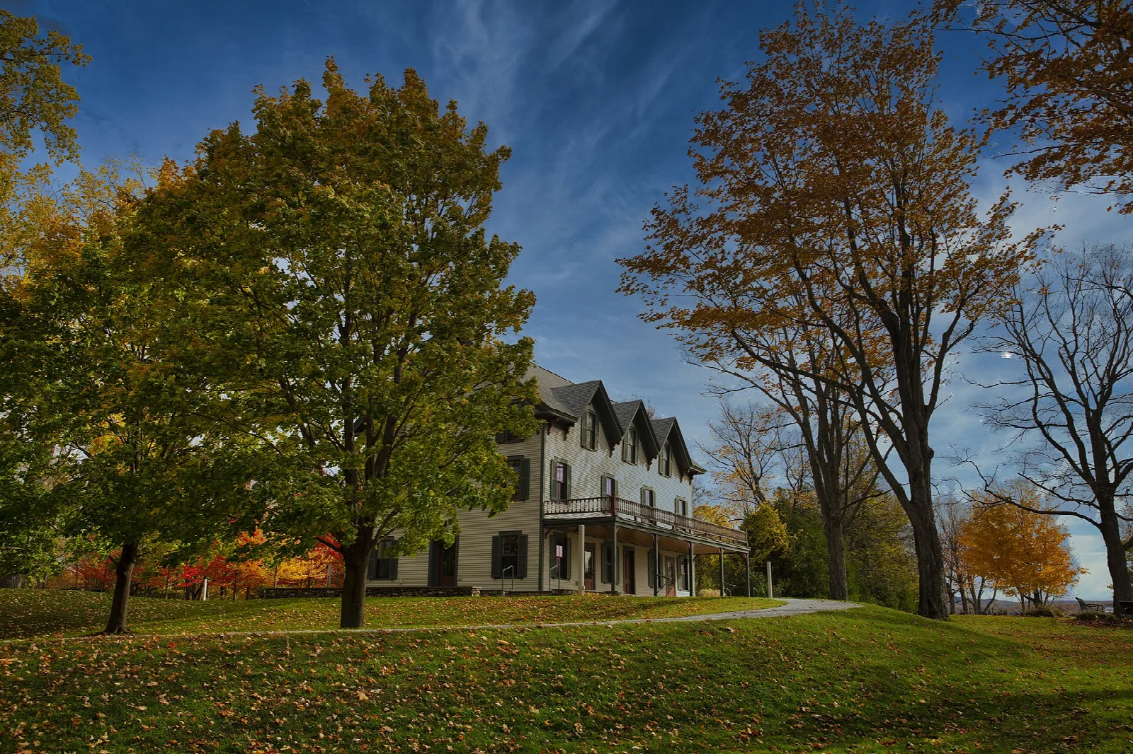 Large white three-story house on a grassy rise, with maple trees in autumn color