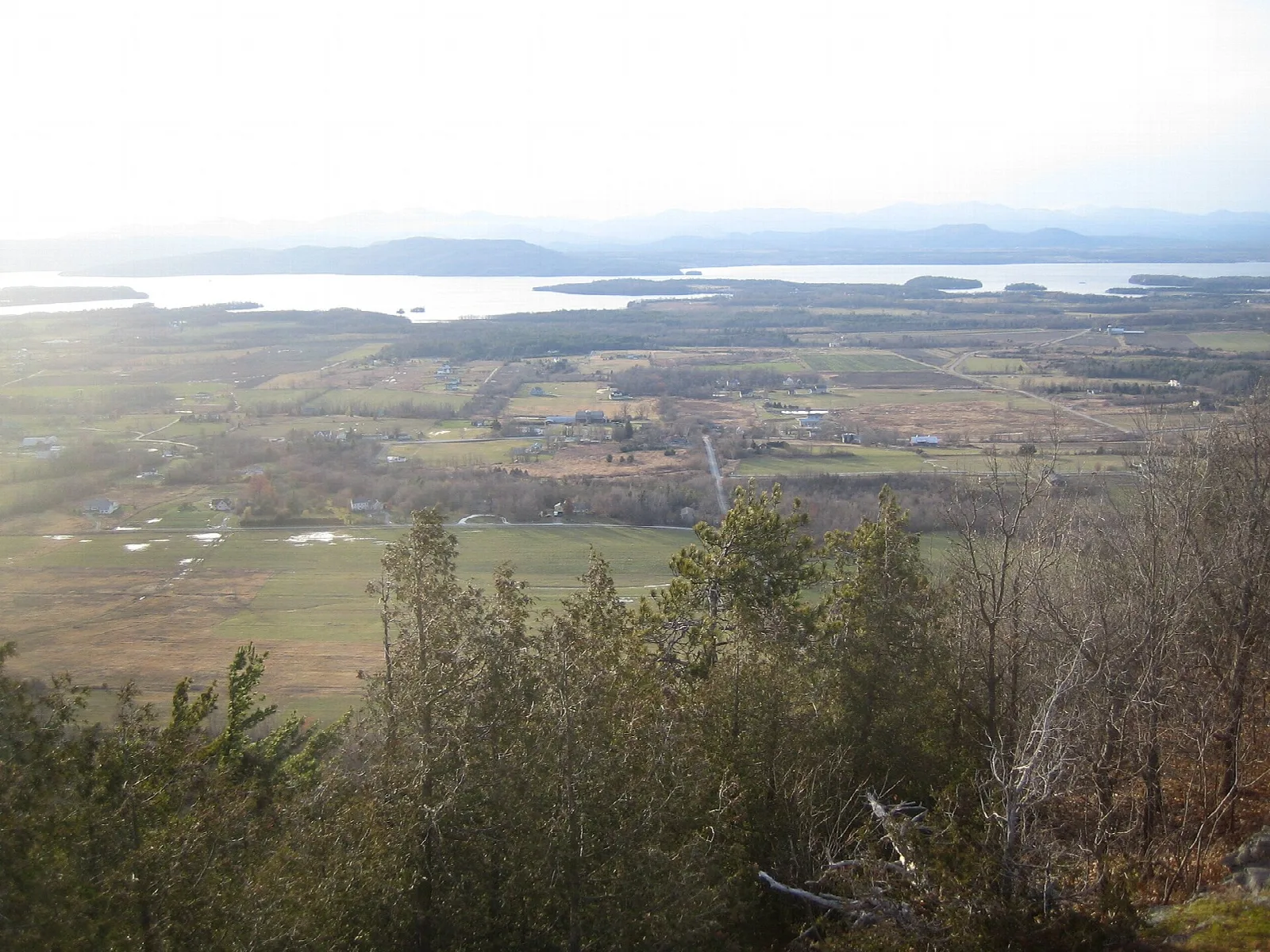 Hazy view across open fields and bare trees to a distant lake