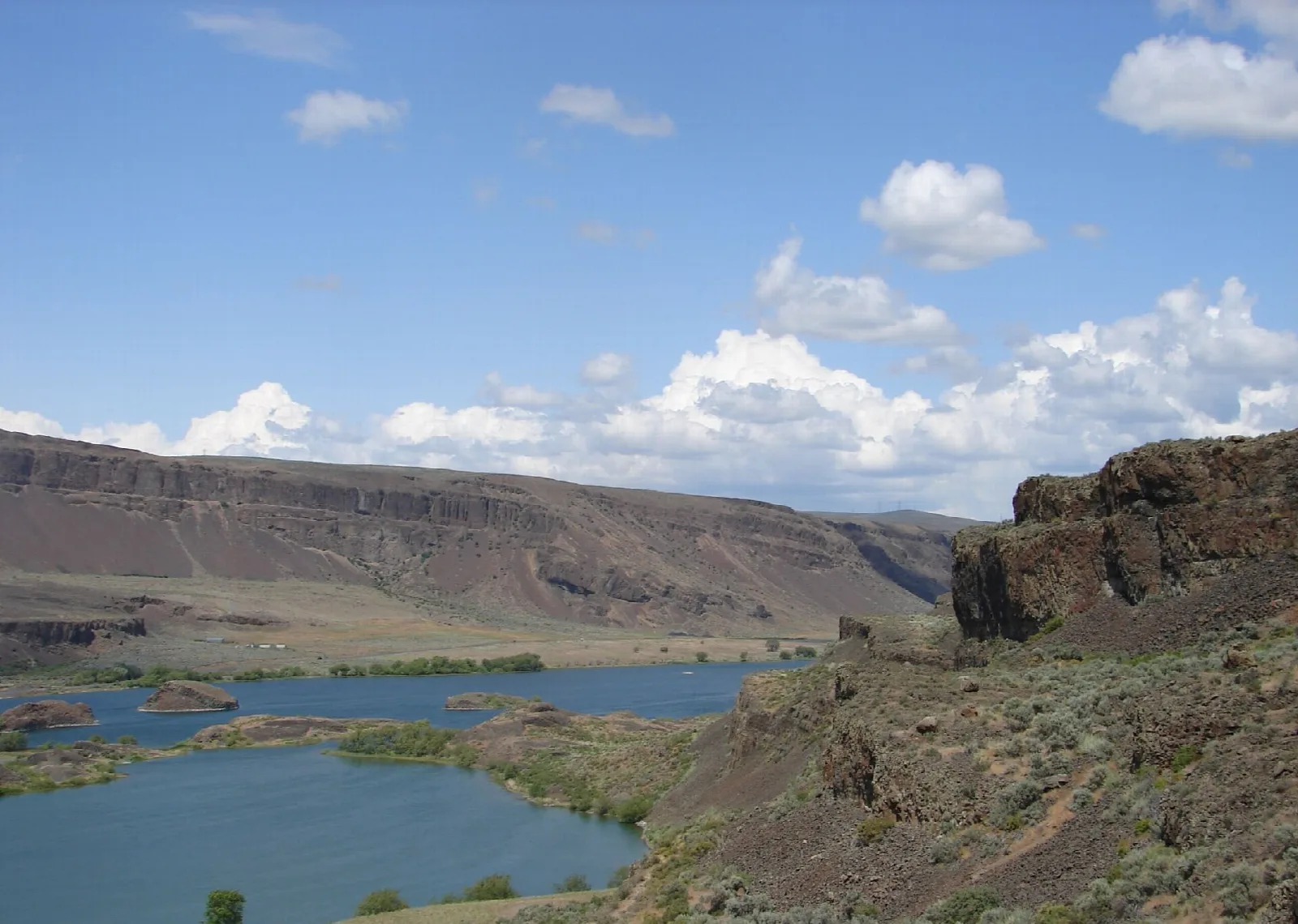 Alkali Lake and basalt canyon walls under a blue sky with clouds