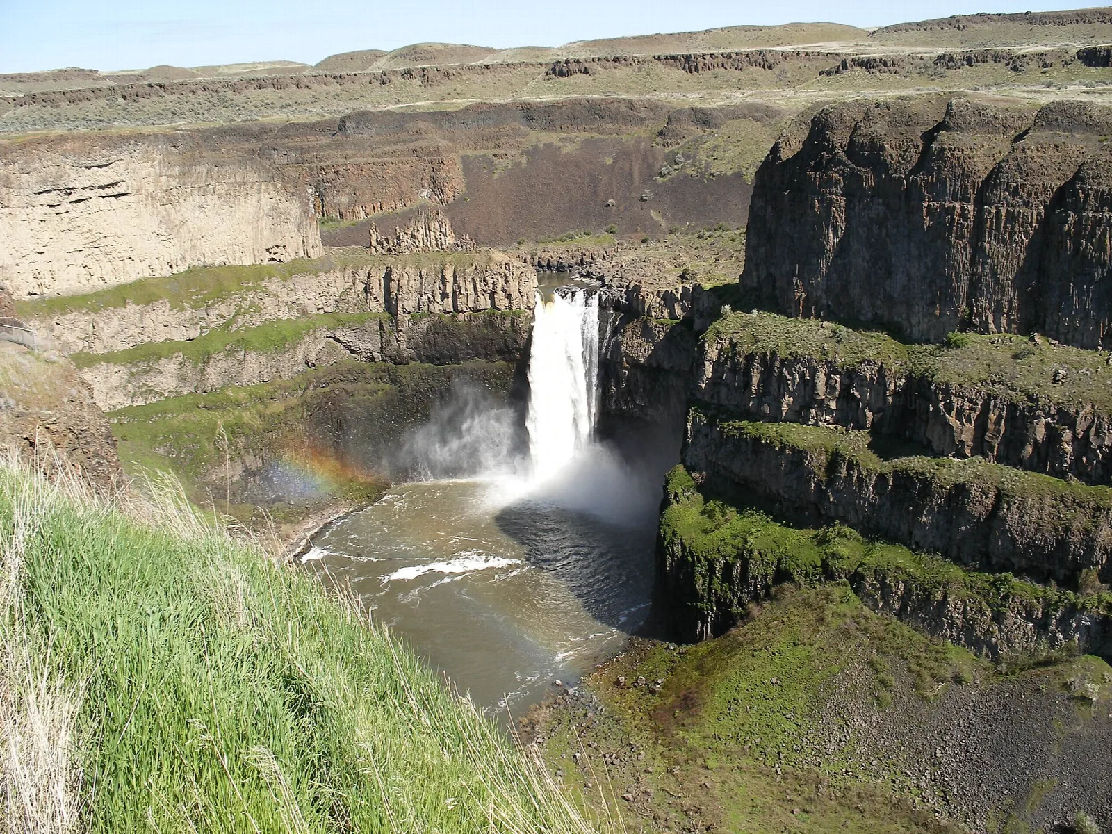 Narrow waterfall dropping into a basalt canyon with grass in the foreground