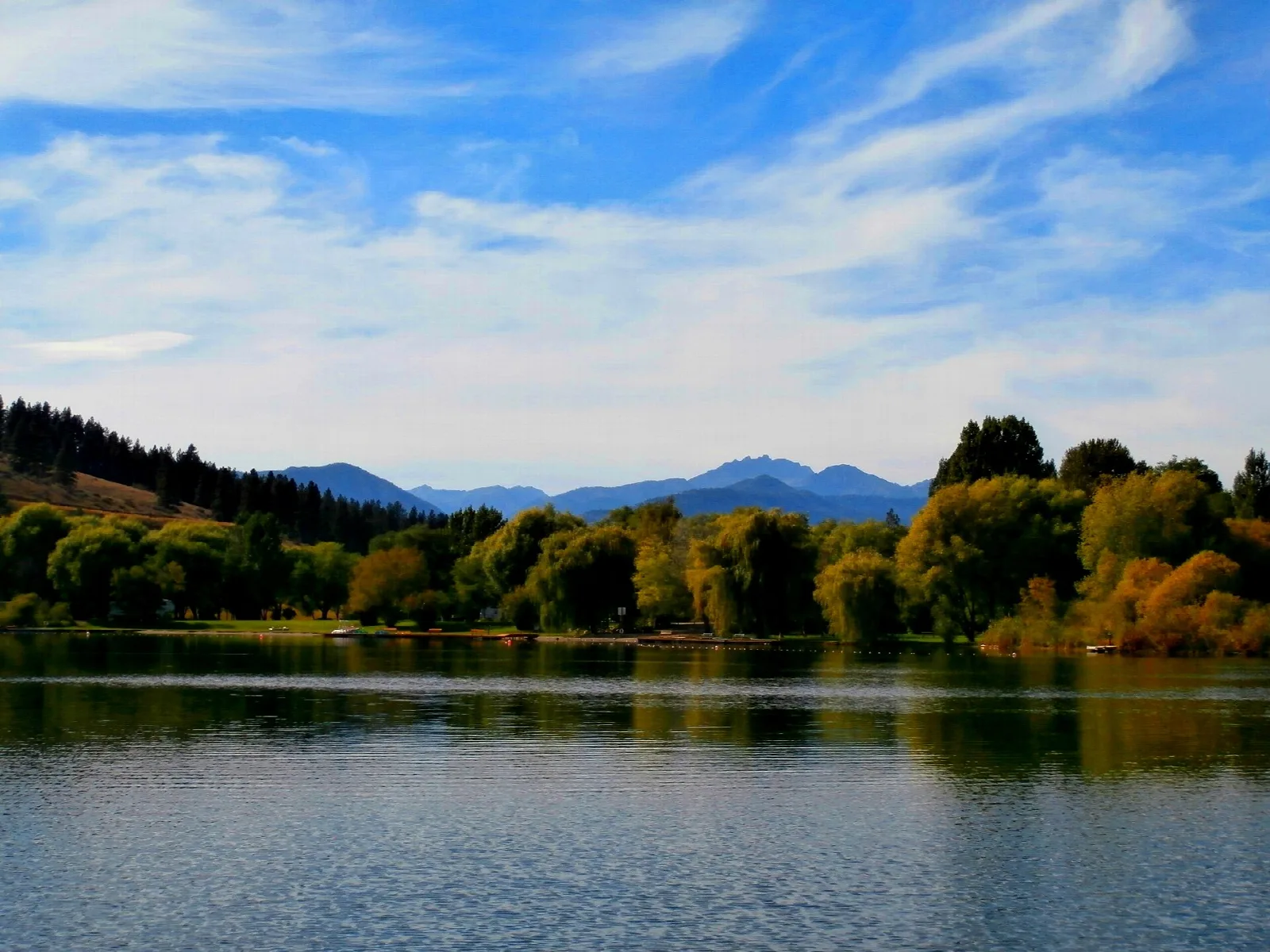 Autumn-coloured trees along a lake under streaky clouds