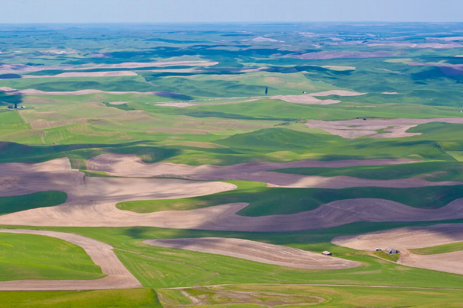 Patchwork of green and tan fields stretching away