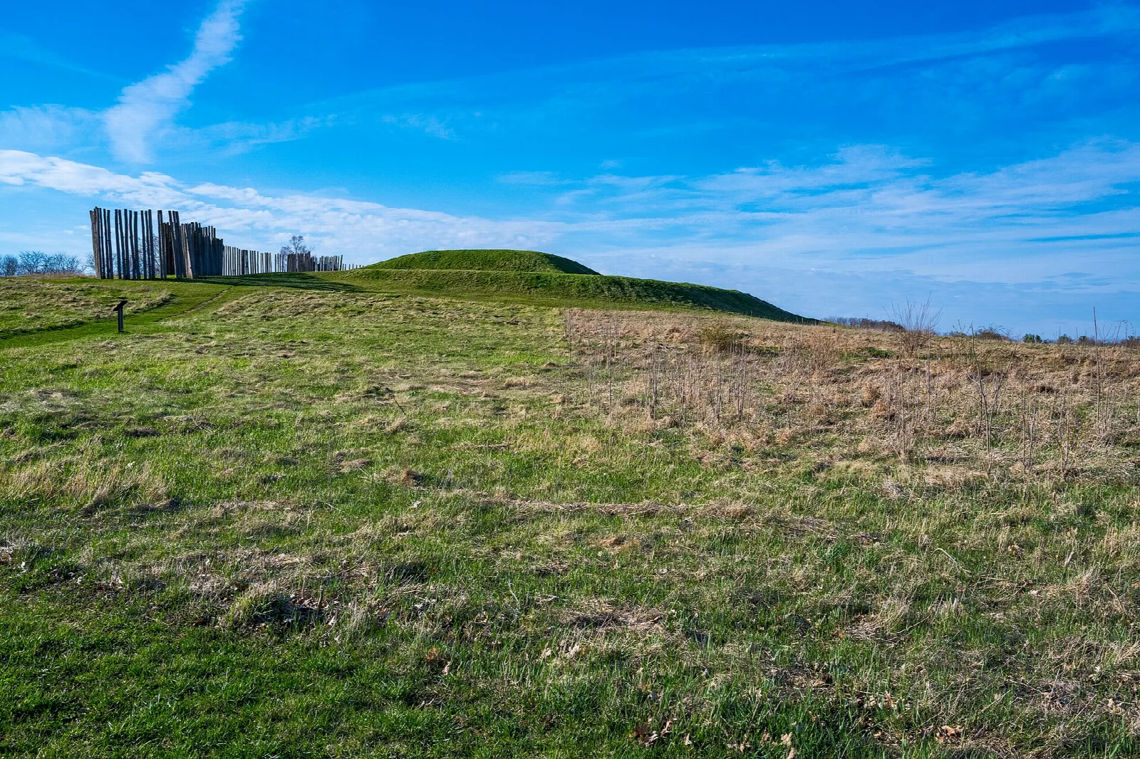Grassy field with a distant mound and stockade fence