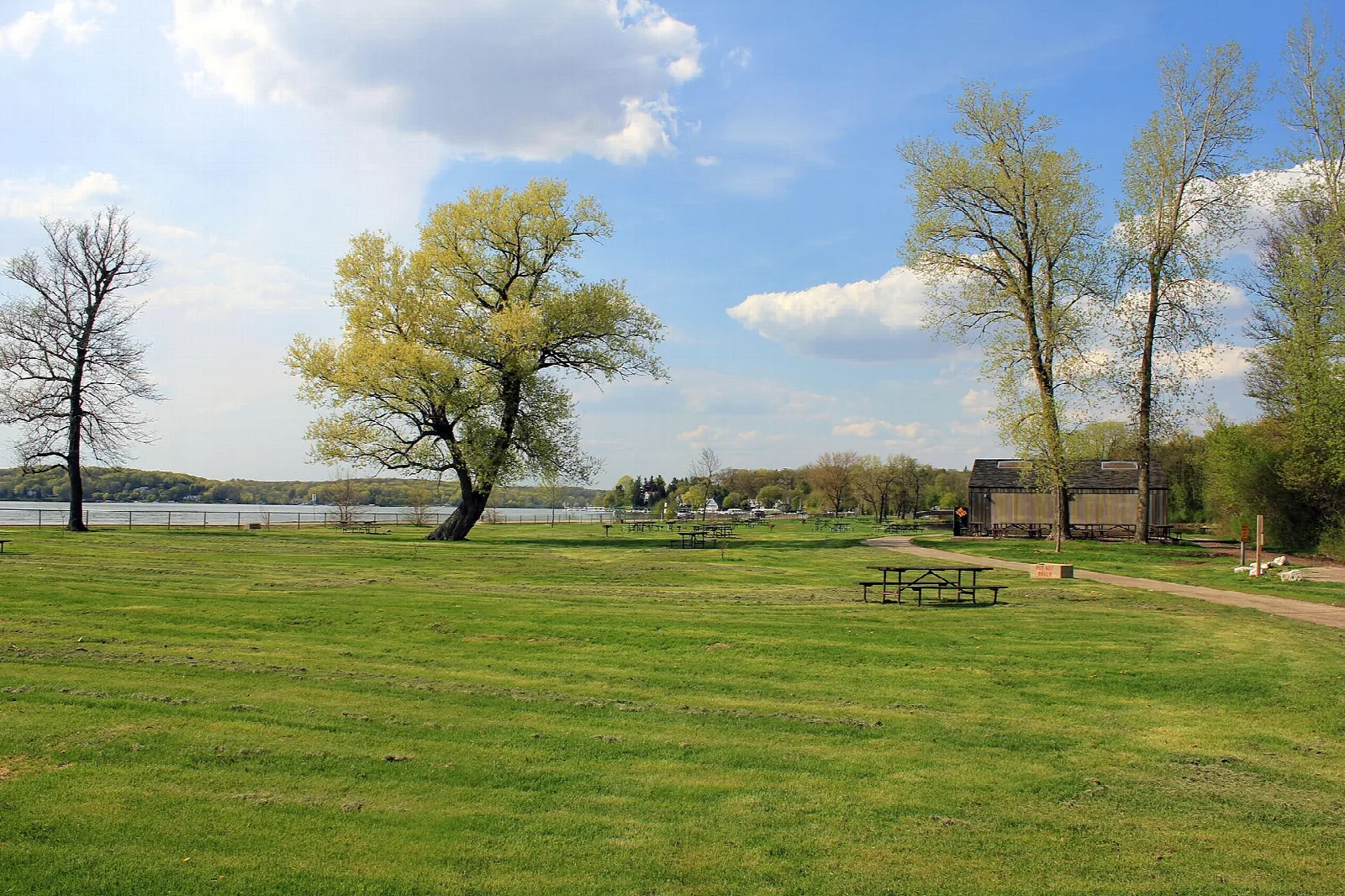 Lawn with a picnic table and trees beside a lake