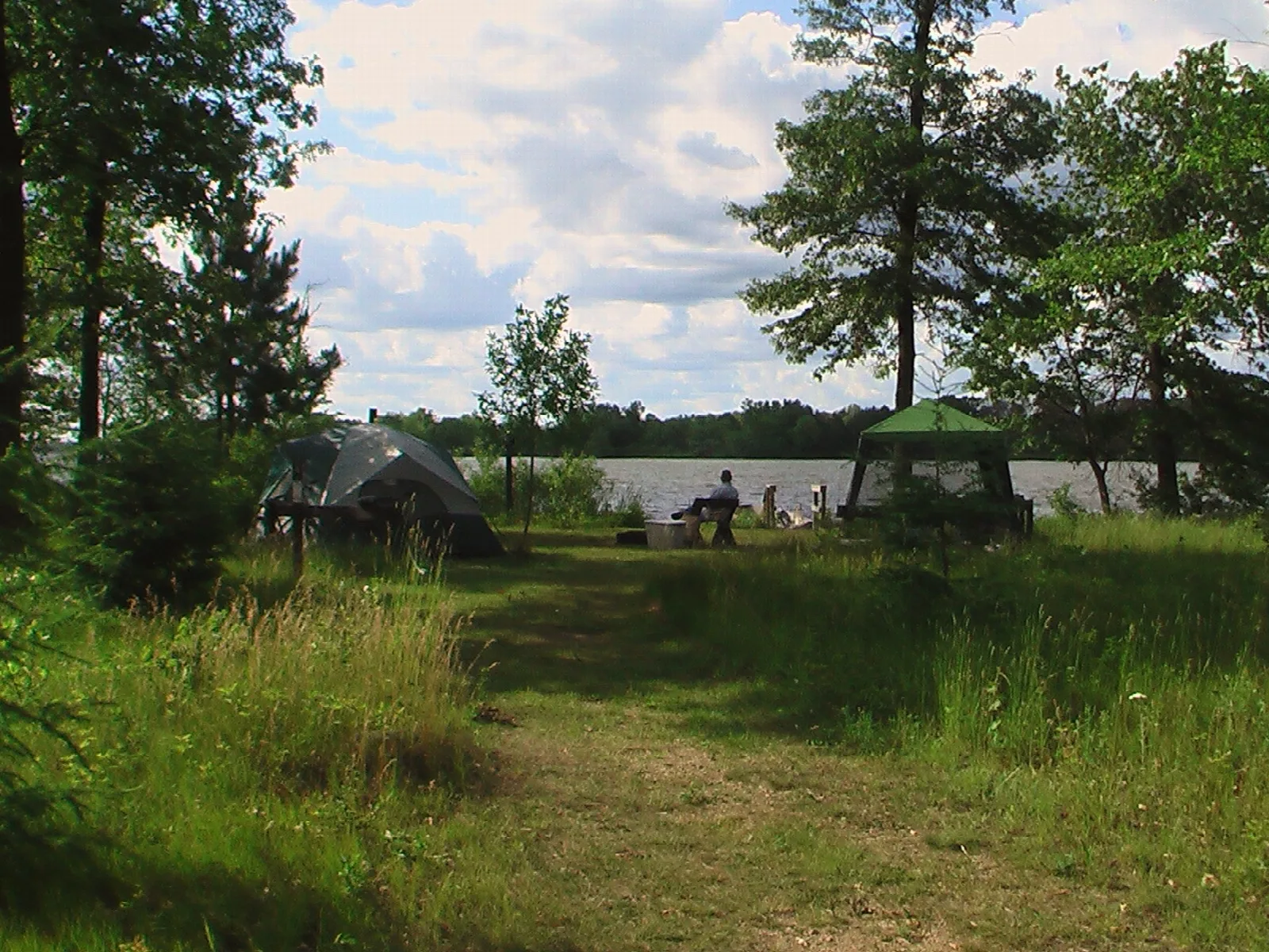 Grassy path to a lakeshore campsite with tents among trees