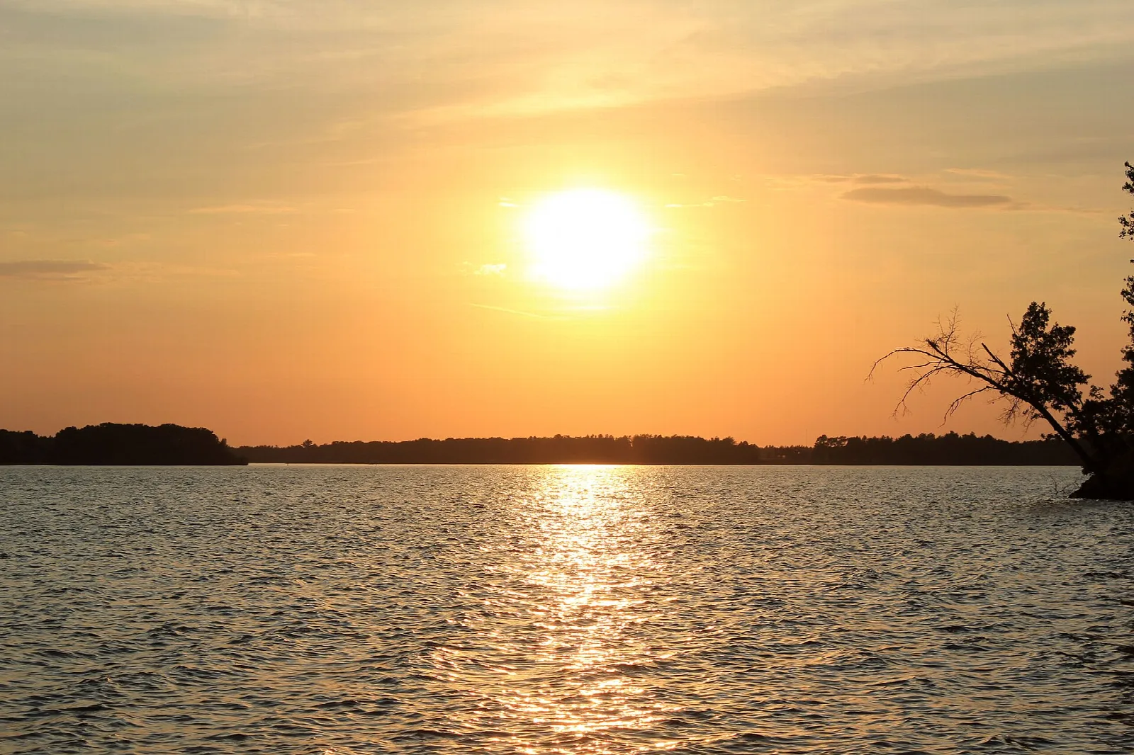 Large sun low over lake water with a distant tree line