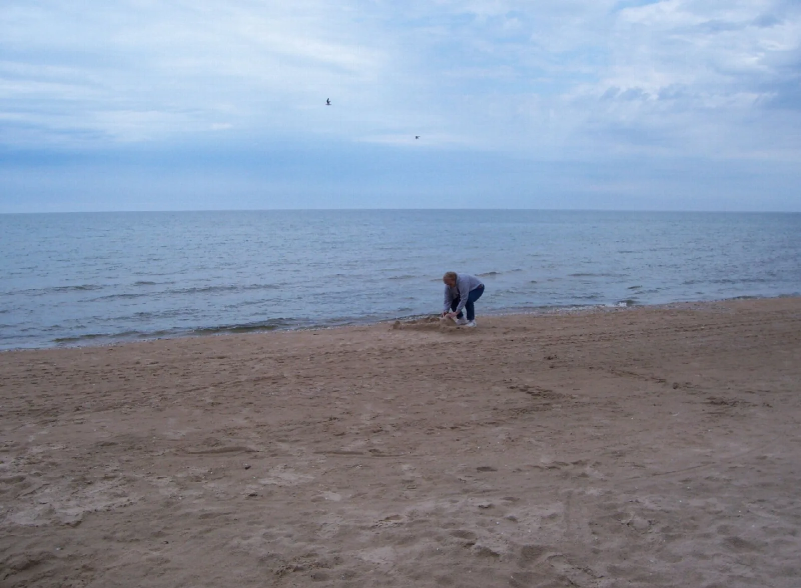 Sandy beach meeting open Lake Michigan under cloudy sky