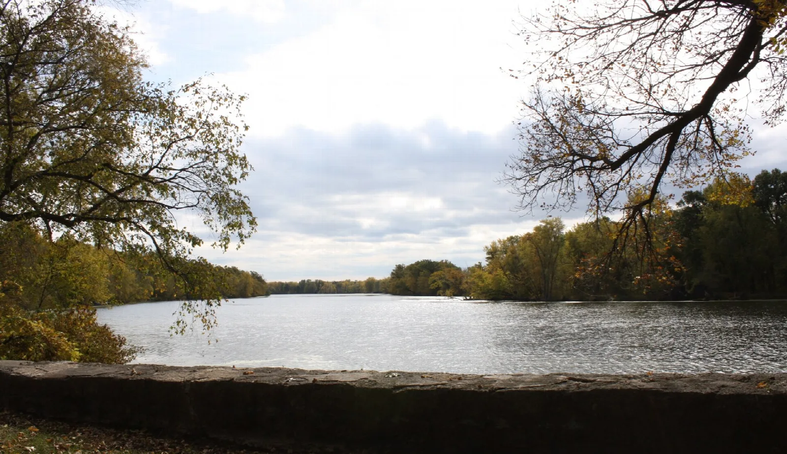 Calm river backwater with autumn trees along the far shore and a stone wall in front