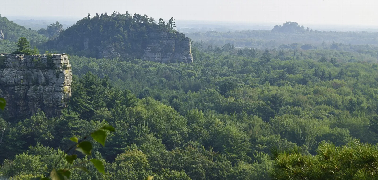 Forested hills with a sandstone cliff in the foreground and a rounded bluff beyond