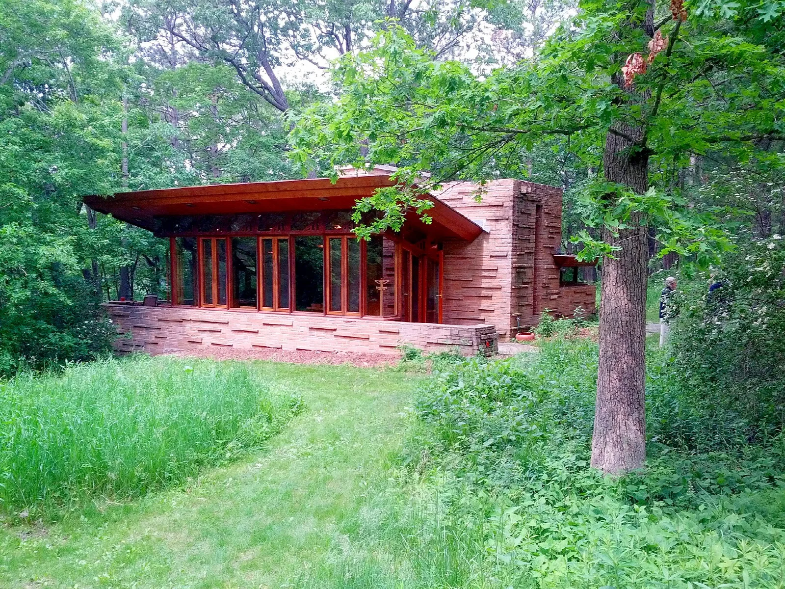 Low red-brick cottage with large windows set among trees and tall grass