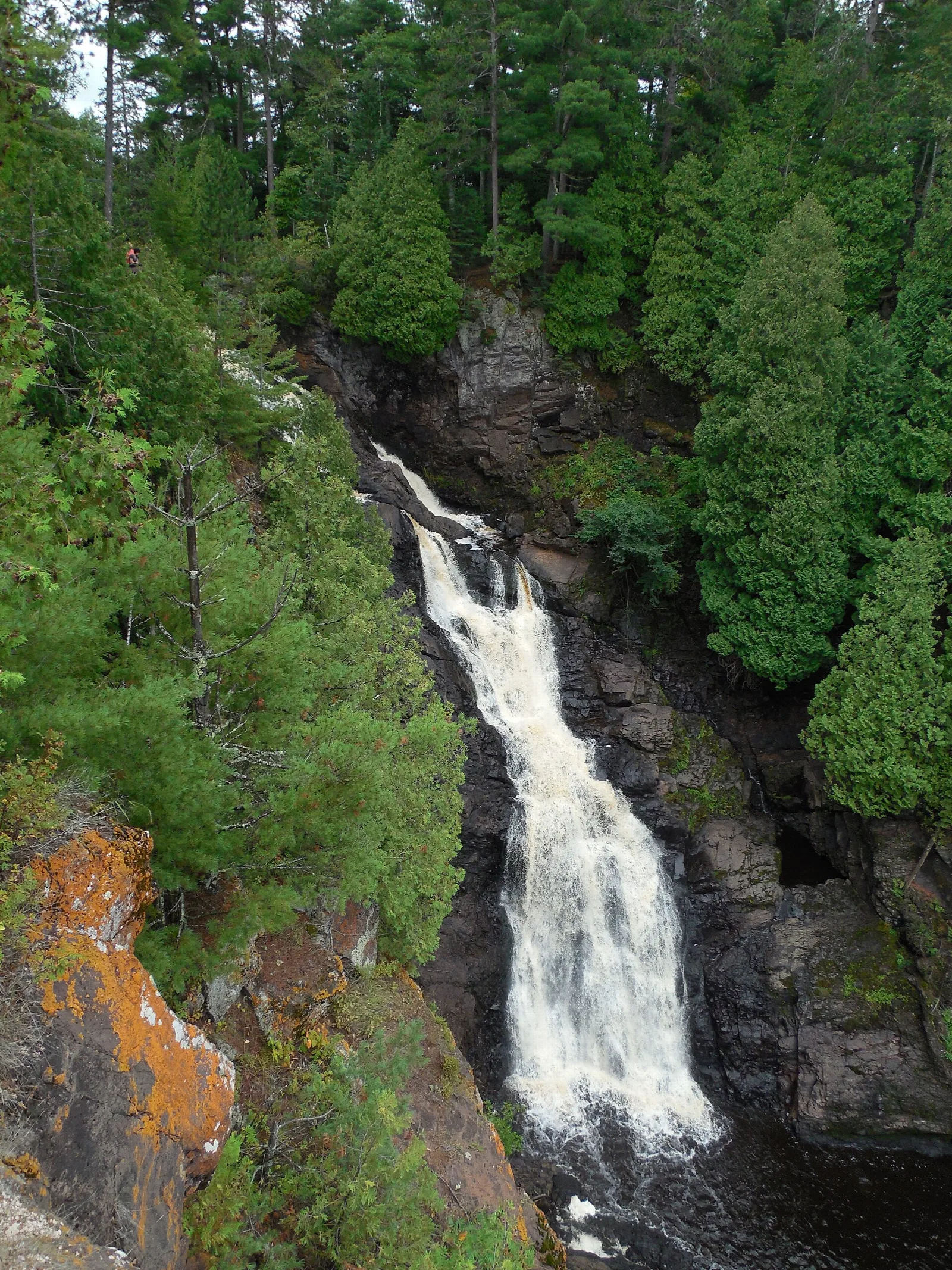 Narrow waterfall plunging down a dark rock gorge between green trees