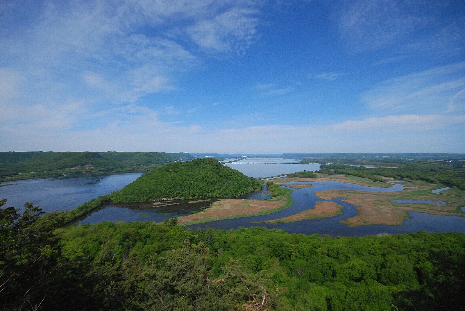 Wide river valley with a wooded island and sandbars seen from a high bluff