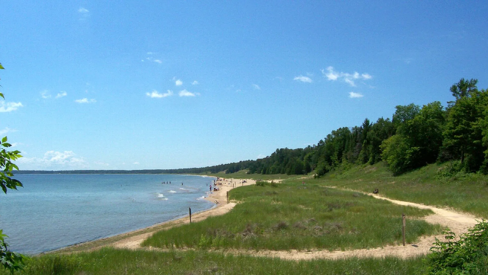Sandy beach curving along a blue lake with grassy dunes and trees