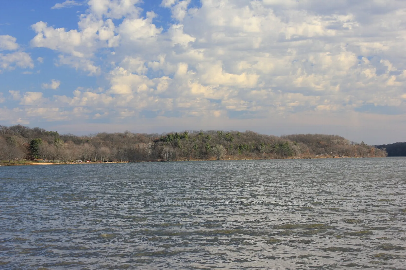 Choppy lake water with a low wooded far shore