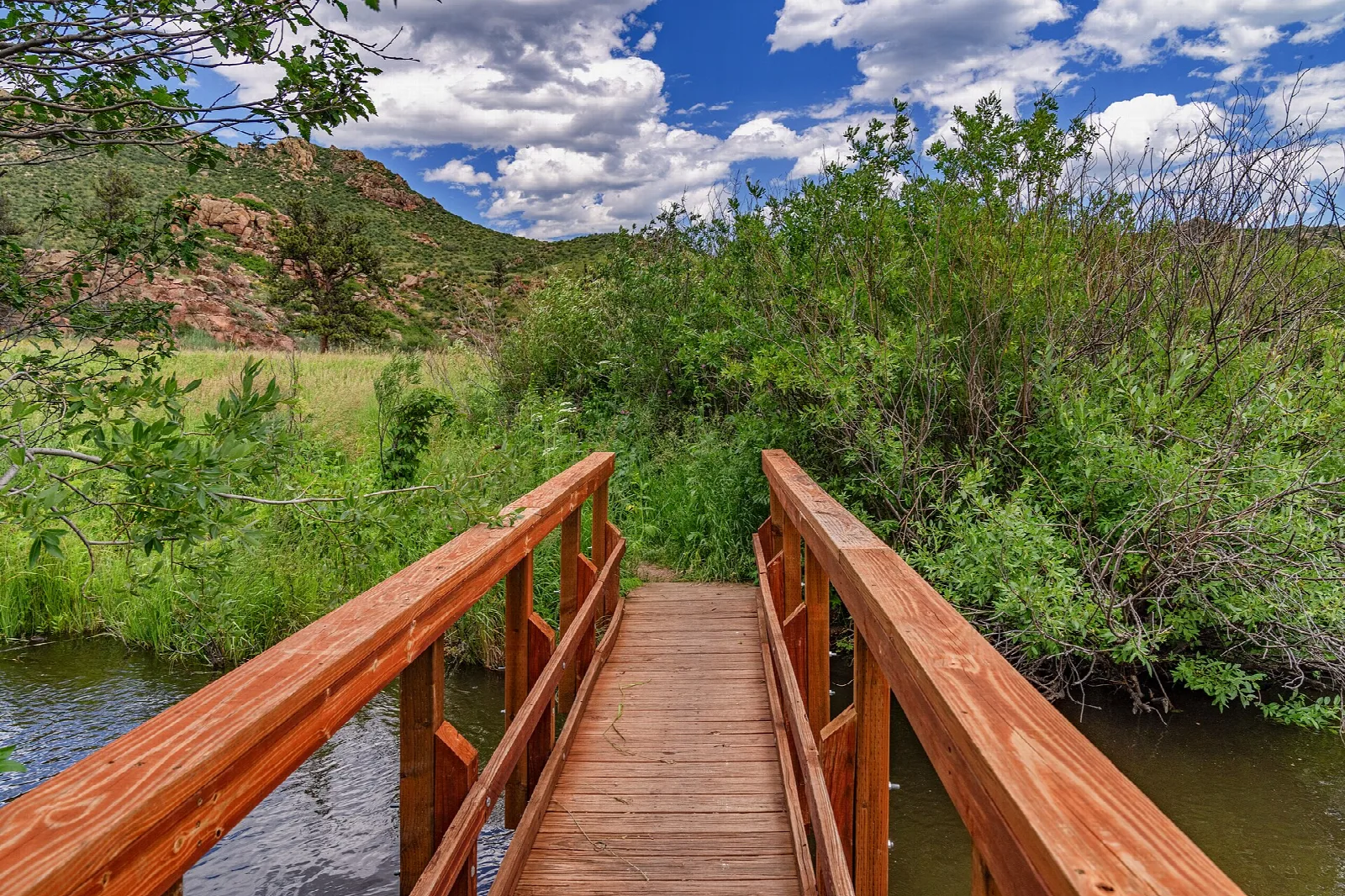 Wooden footbridge over a creek with green brush and red rock