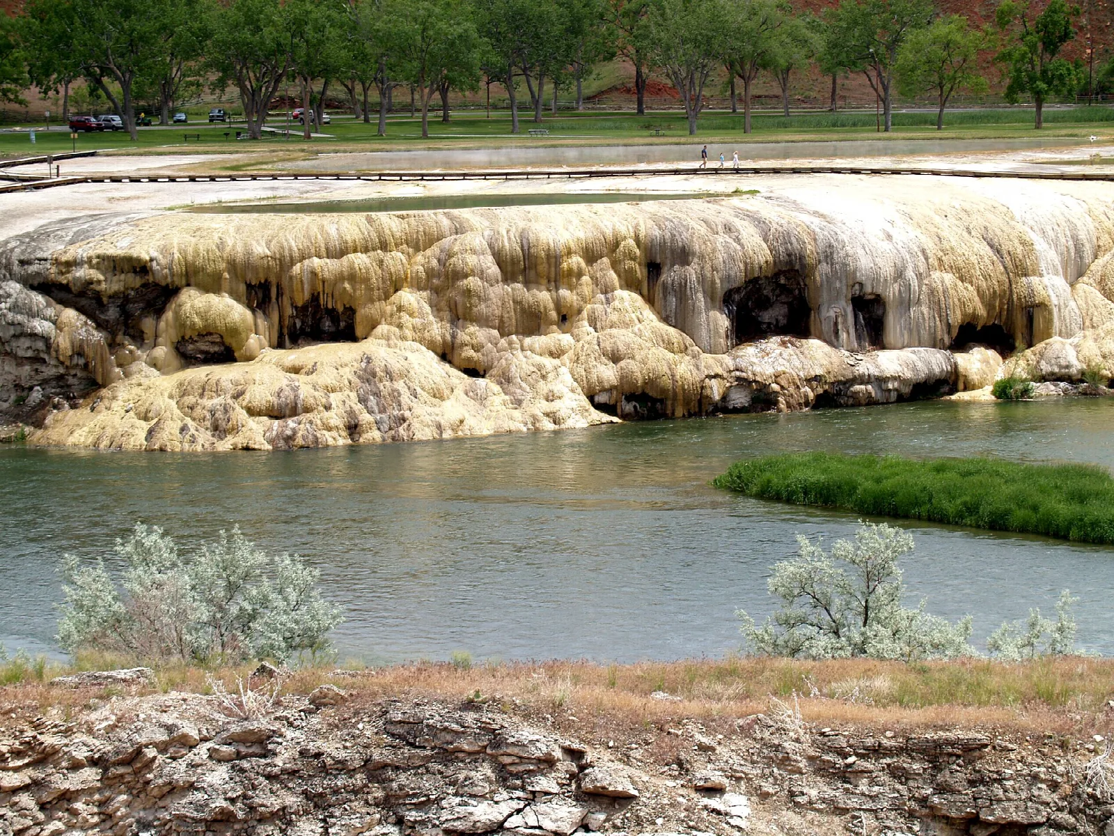 Pale mineral terrace above a river with green trees behind
