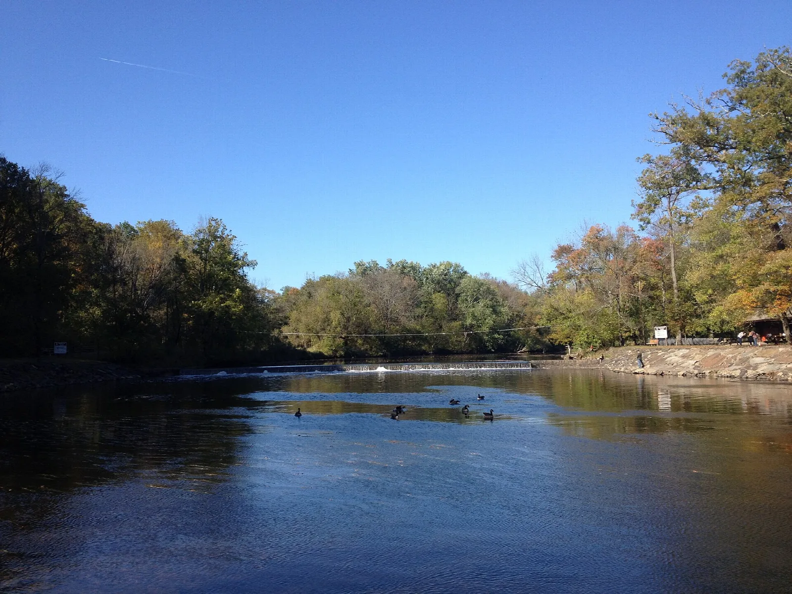 Wide creek flowing between tree-lined banks under blue sky