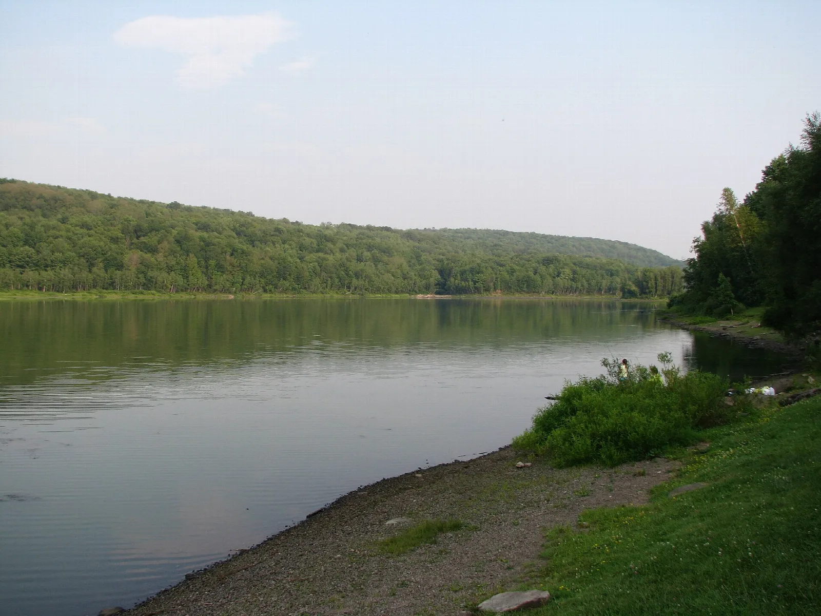 Calm lake shore with forested hills across the water