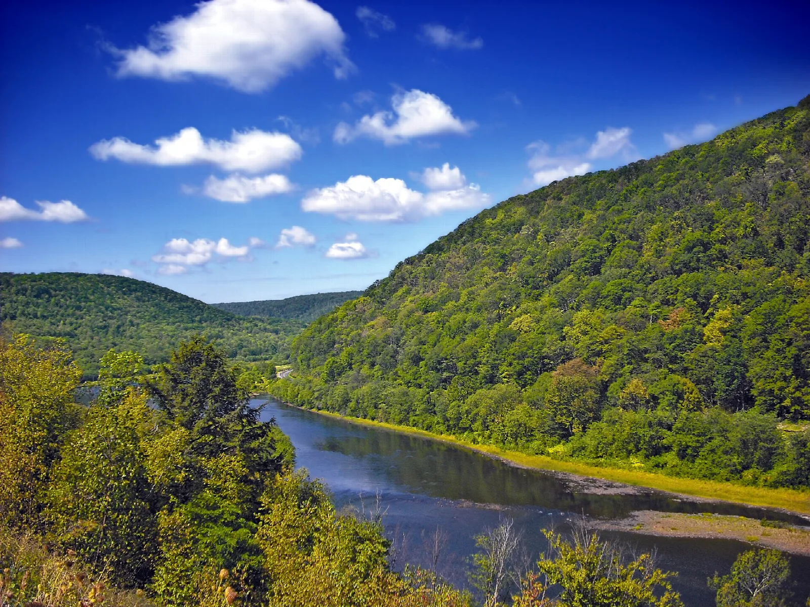 River bend below steep forested mountainside and blue sky