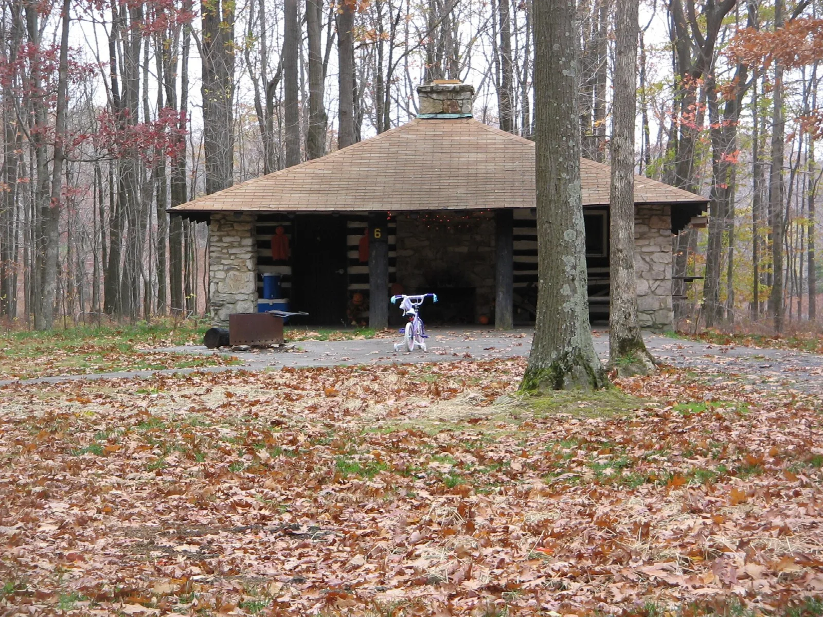 Stone-pillared log cabin on gravel under bare trees