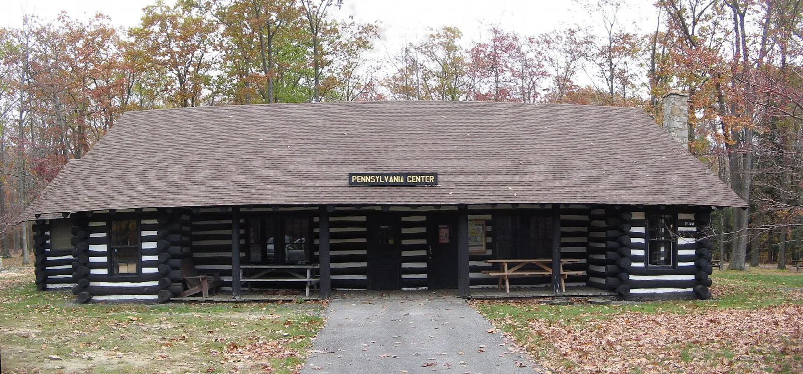Low log lodge with a wide roof among autumn trees