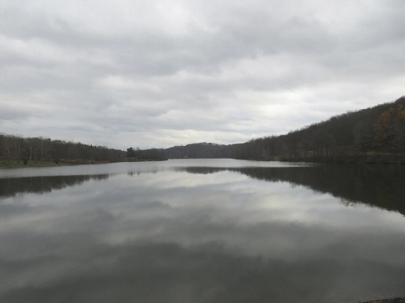 Calm lake under a gray sky with wooded hills beyond