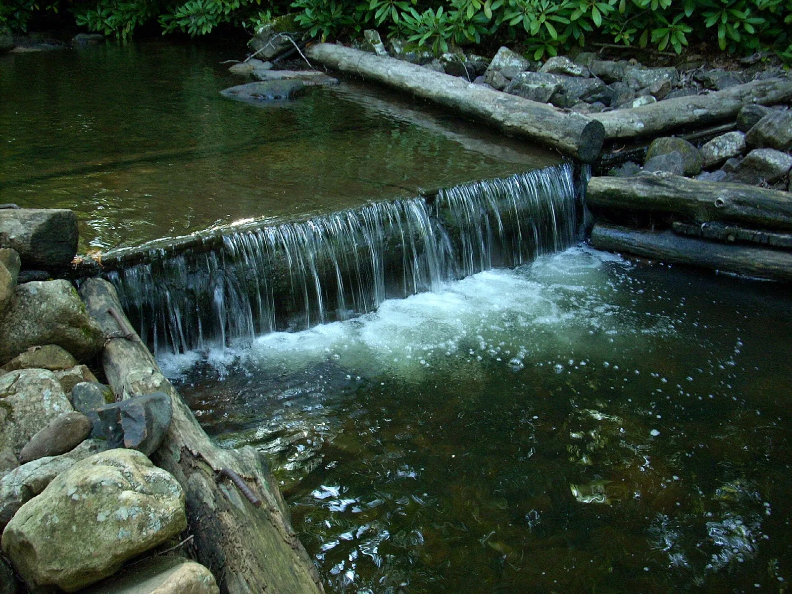 Low stone dam on a forest creek