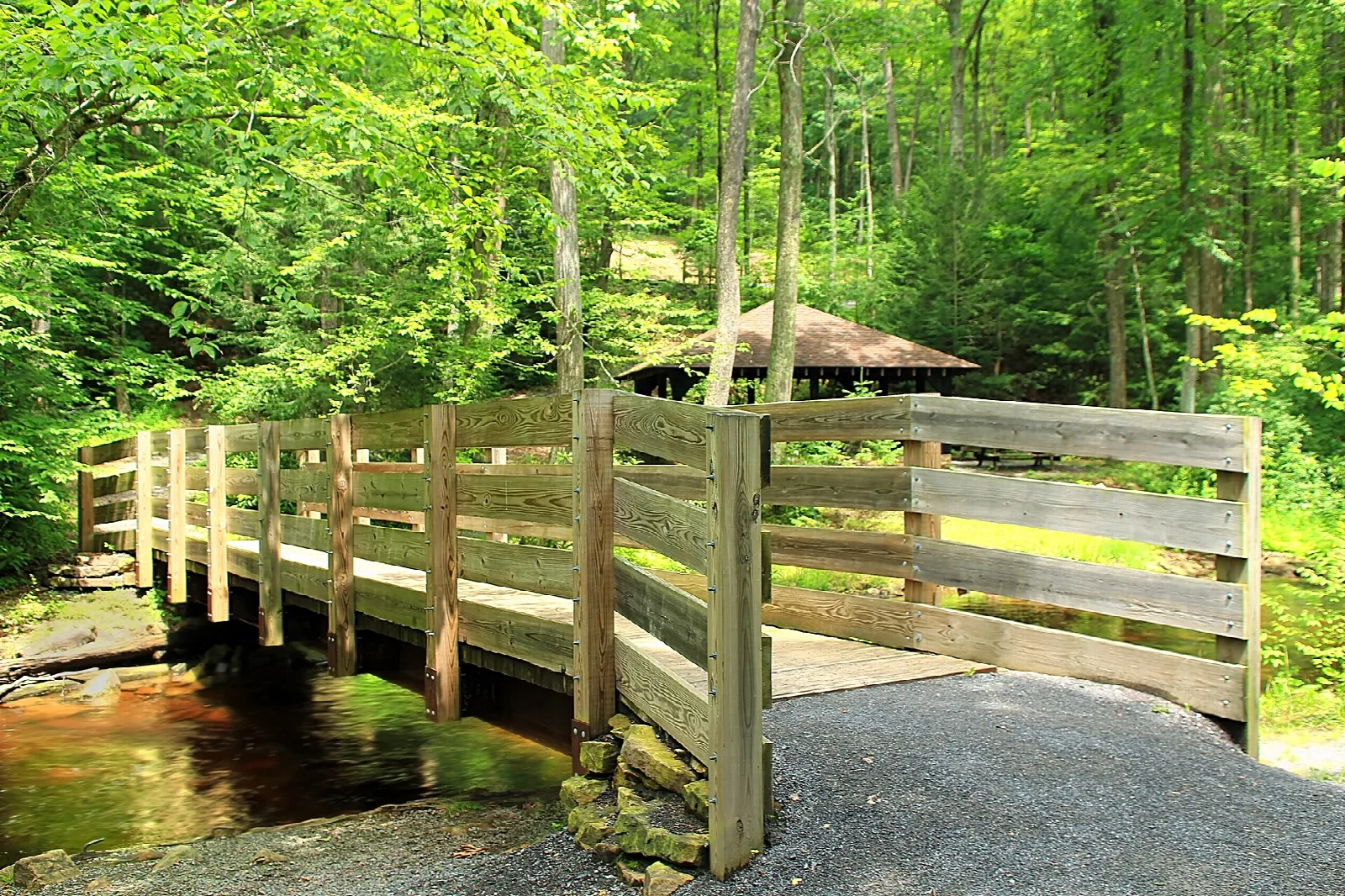 Wooden footbridge crossing a rippled brown creek in green woods