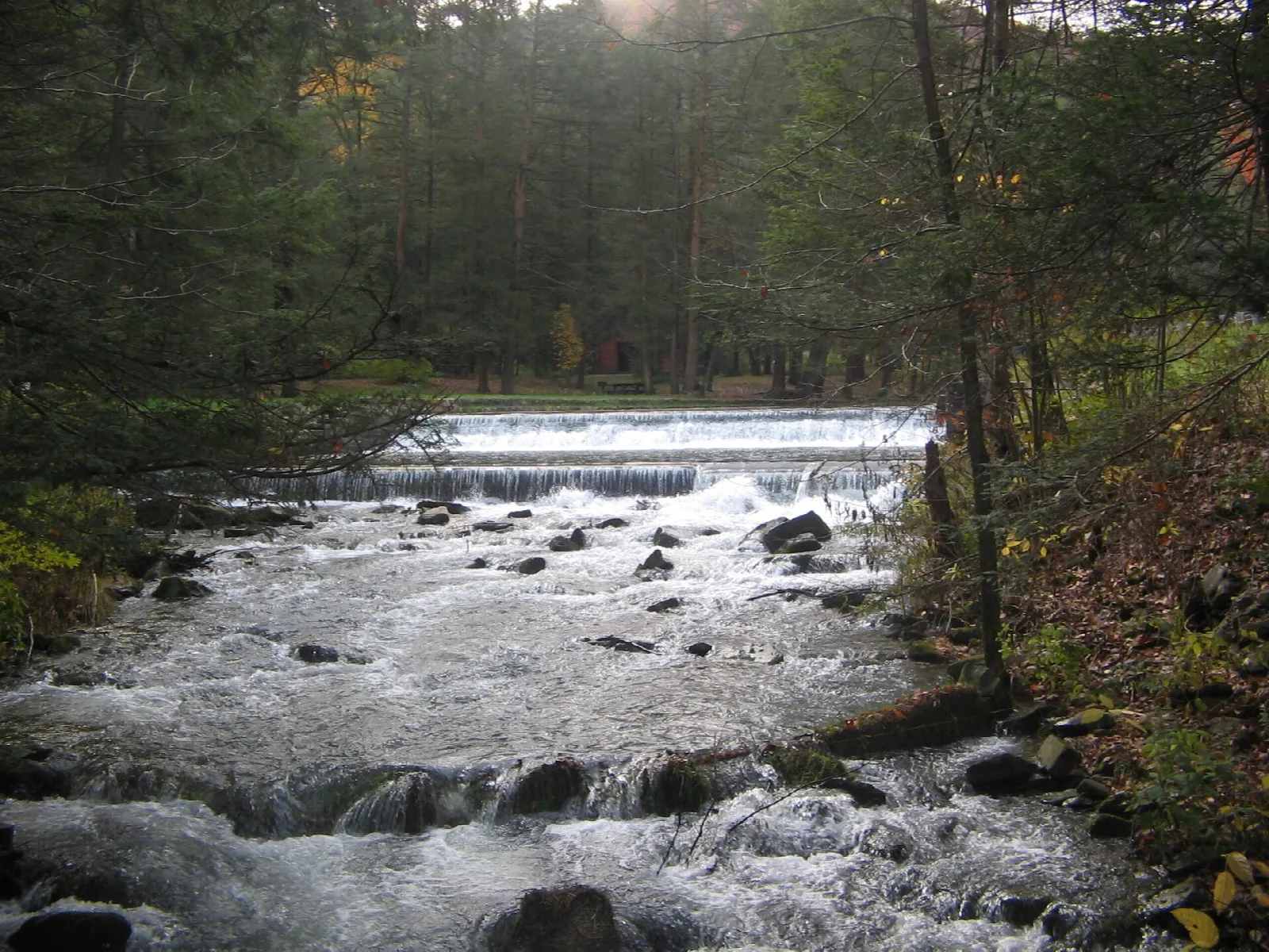 Stream running between rocks with a small dam in the distance