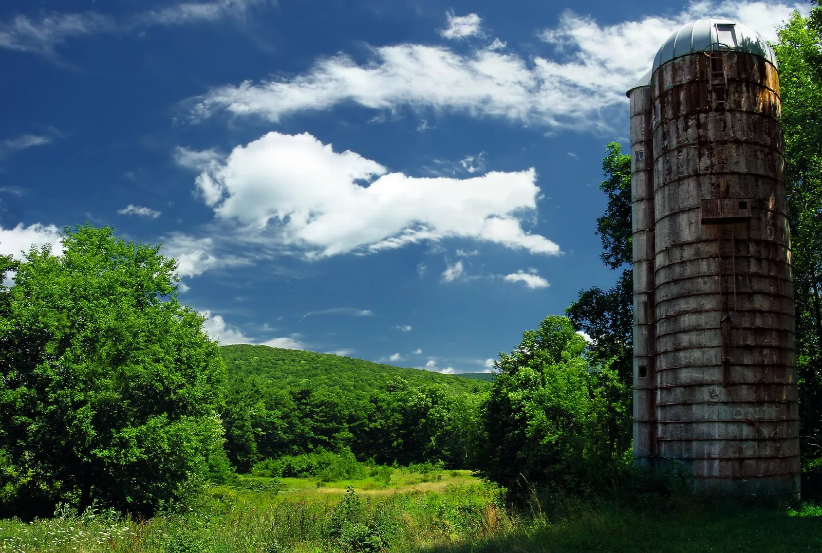 Old silo beside green fields and hills under blue sky