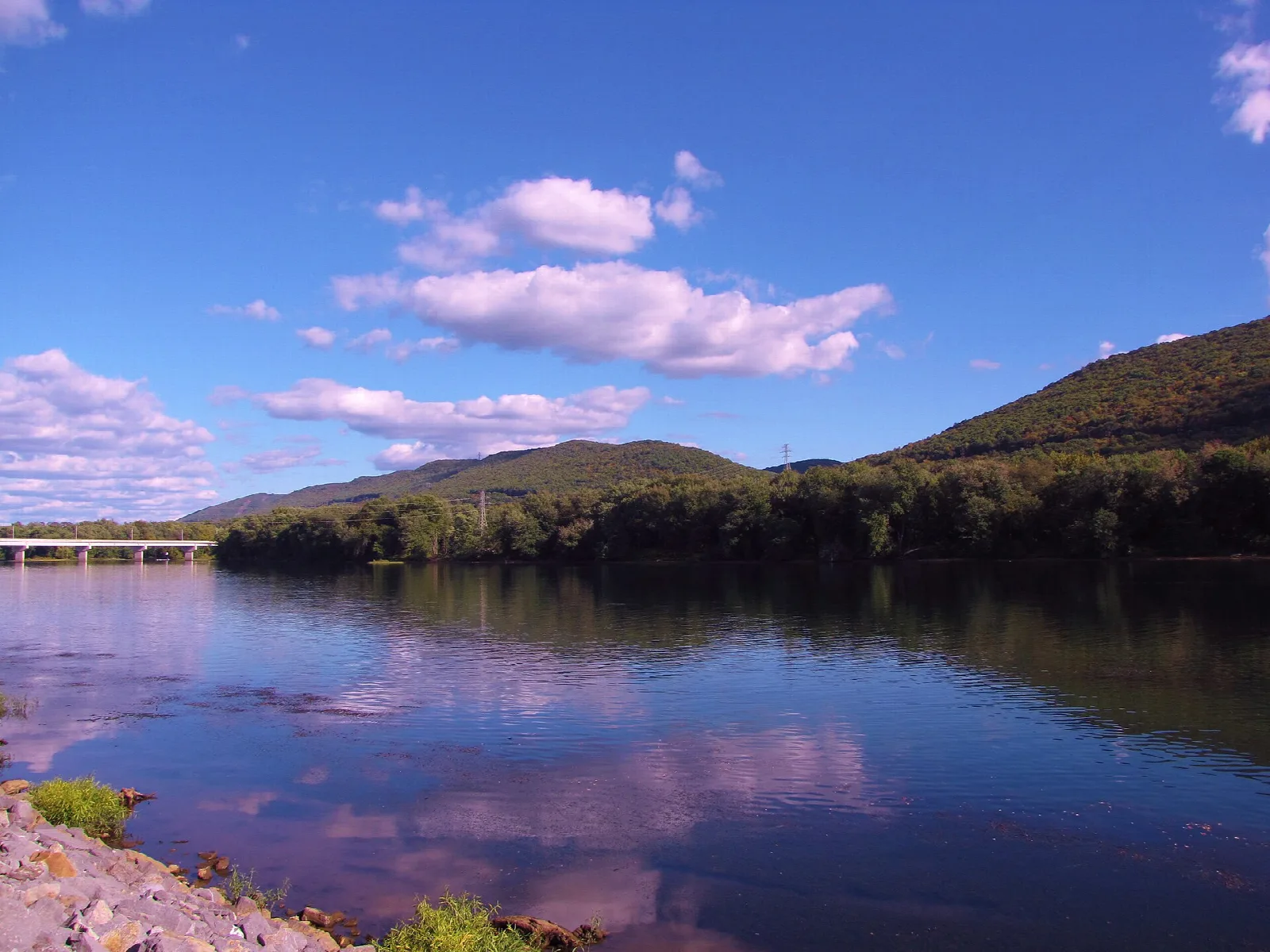 Wide river reflecting clouds below a forested mountain
